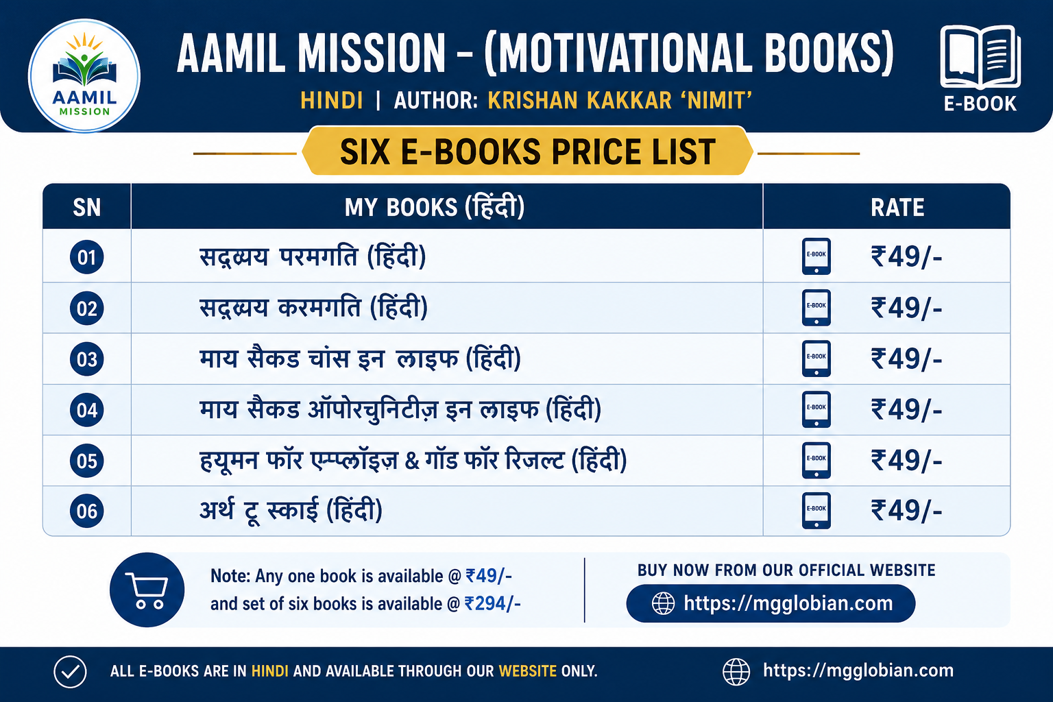SIX E BOOKS OF AAMIL MISSION – (MOTIVATIONAL BOOK) | HINDI | AUTHOR: KRISHAN KAKKAR ‘NIMIT’